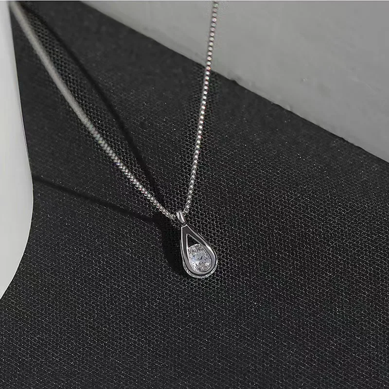 Fashion 925 Sterling Silver Teardrop Shape Zirconia Necklace Geometric Shape Pendant Choker Party Gift for Women Fine Jewelry