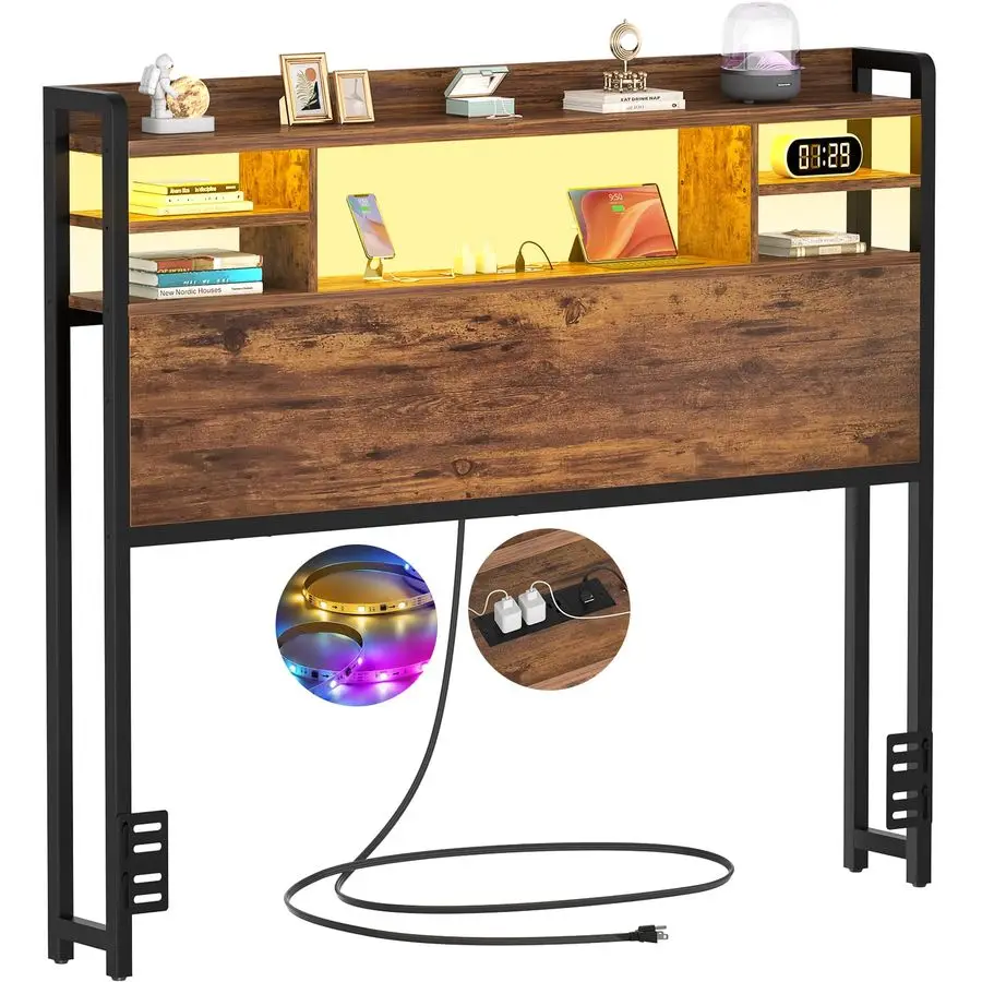 

Изголовье для двуспальной кровати с местом для хранения, изголовье с LED-подсветкой, розетками и USB-портами, деревянное изголовье для двуспальной кровати.