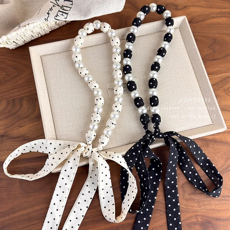 Vintage Polka Dot Pearl Necklace Scarf for Women Summer Fashion Waist Chain Sweet Matching Hair Band Stylish Decor Accessories