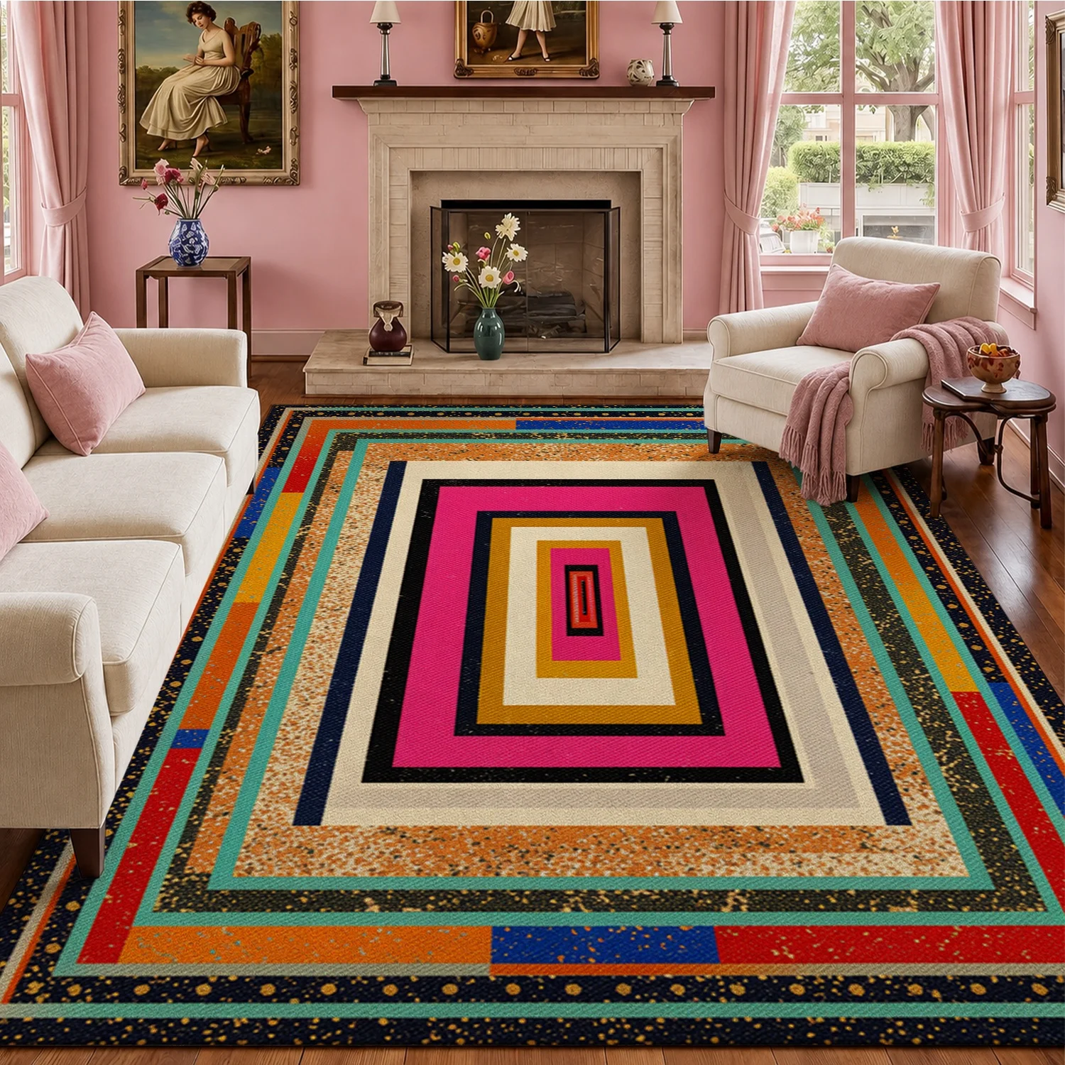 Vibrant Concentric Geometric Rectangle Pattern Velvet Area Rug, Machine Washable, Ideal for Living Room, Bedroom, Dining Area, Entryway, Perfect for Halloween, Thanksgiving, Black Friday, Christmas, New Year Home Decor