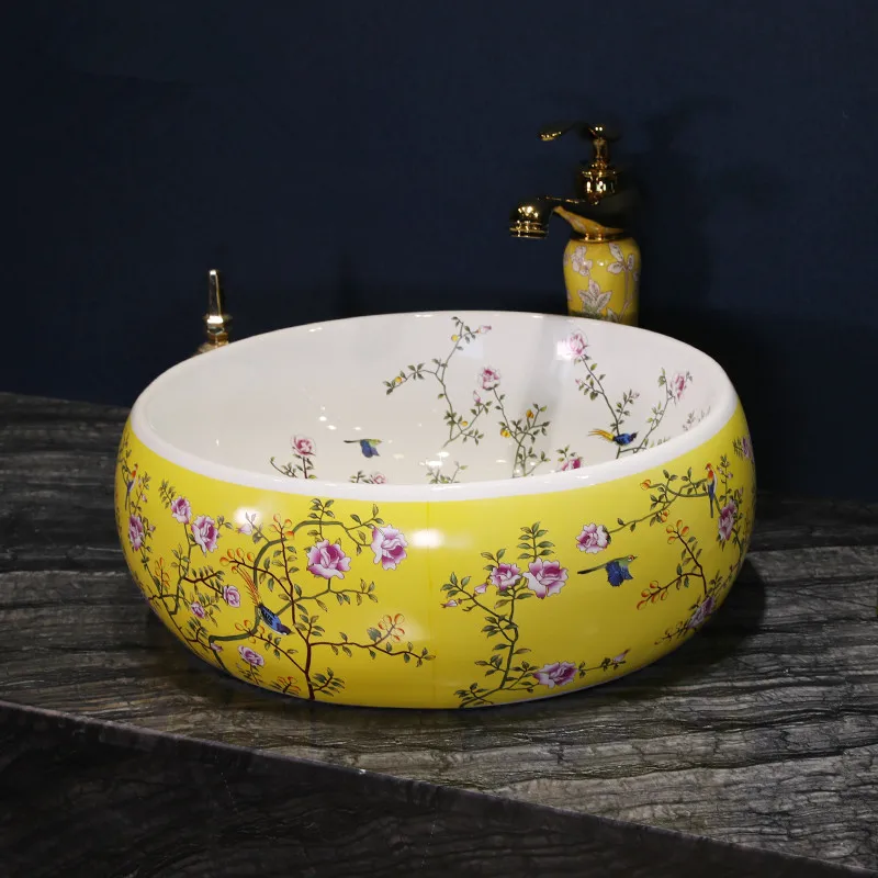 Pintura China amarilla y blanco flor pajaro ceramica pintura lavabo de ceramica artesanal bano contra chino superior fregadero
