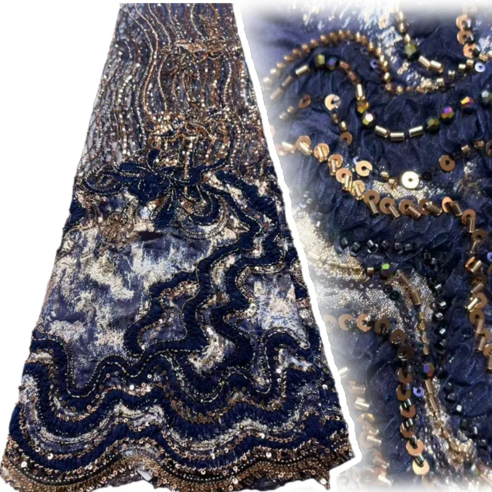 

African Bridal Silk Fabric Embroidered with Applications Sequins and Beads Nigerian French Lace Fabric for Party Gowns SZ1942