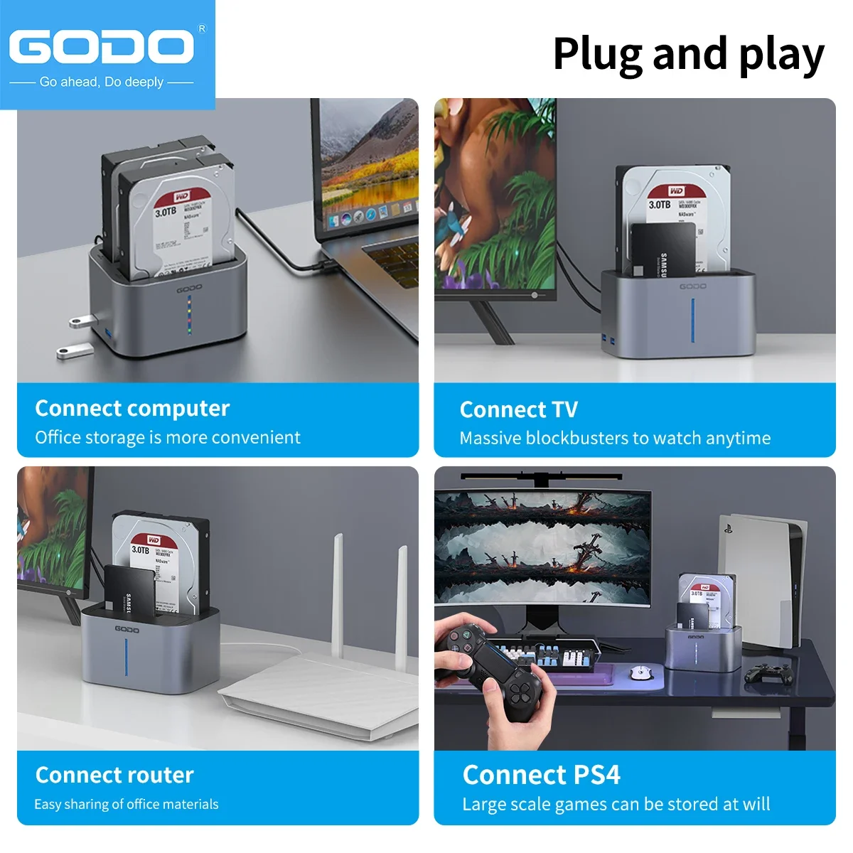 GODO Hard Drive Dock USB 3.0 Type-C Dual Bay Aluminum External Hard Drive Docking Station for 2.5 3.5 inch SATA HDD Case
