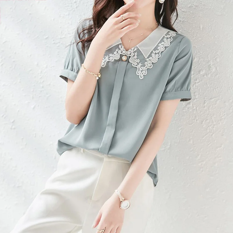 Summer New Peter Pan Collar Patchwork Lace Blouse Spring Autumn Women's Clothing Nail Bead Short Sleeve Blue Pullover Shirt