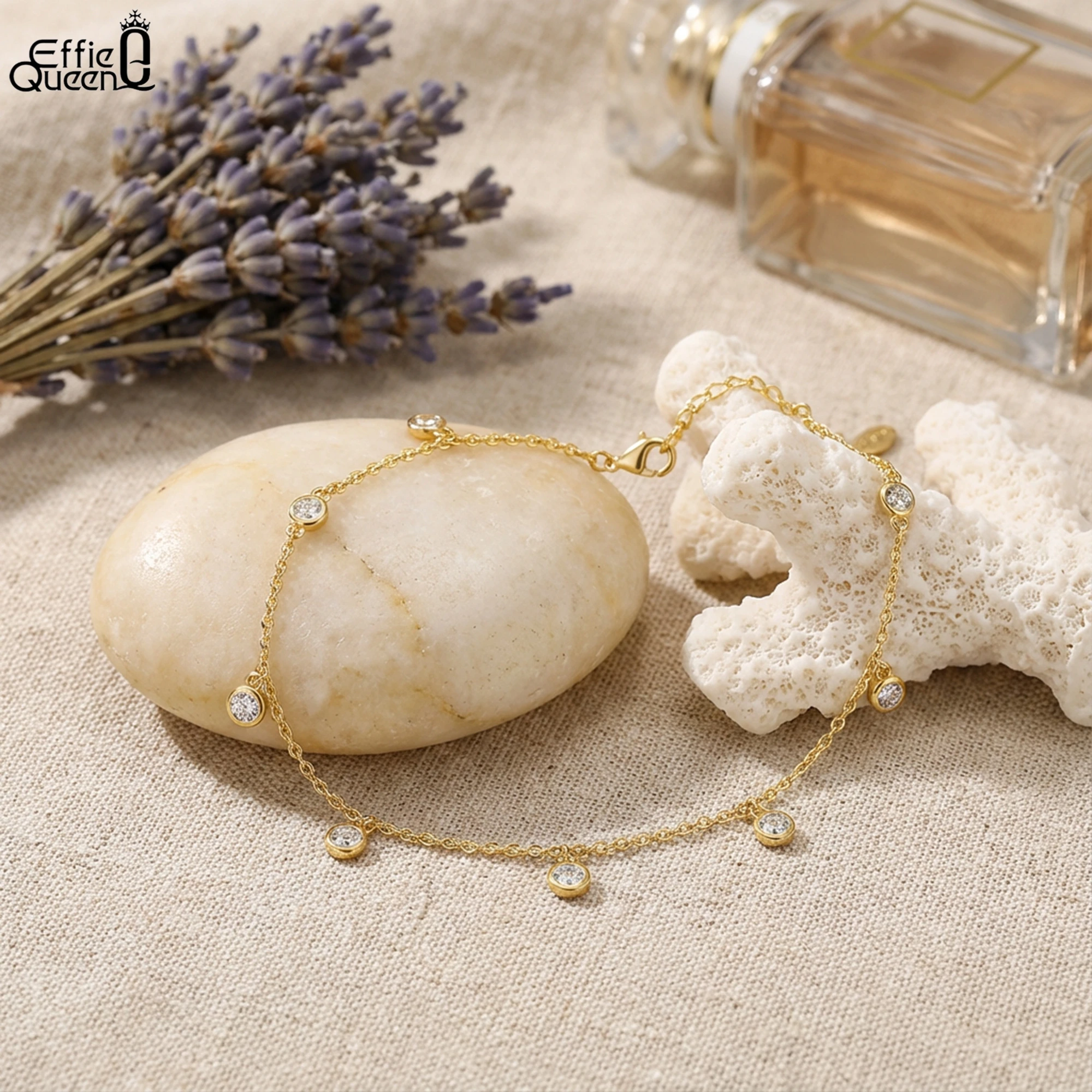 

Цепочка-браслет на ногу Effie Queen из чистого серебра 925 пробы с позолотой 14 карат, с круглыми фианитами, простое украшение для женщин, для свадьбы, вечеринки, лета, пляжа, SA70