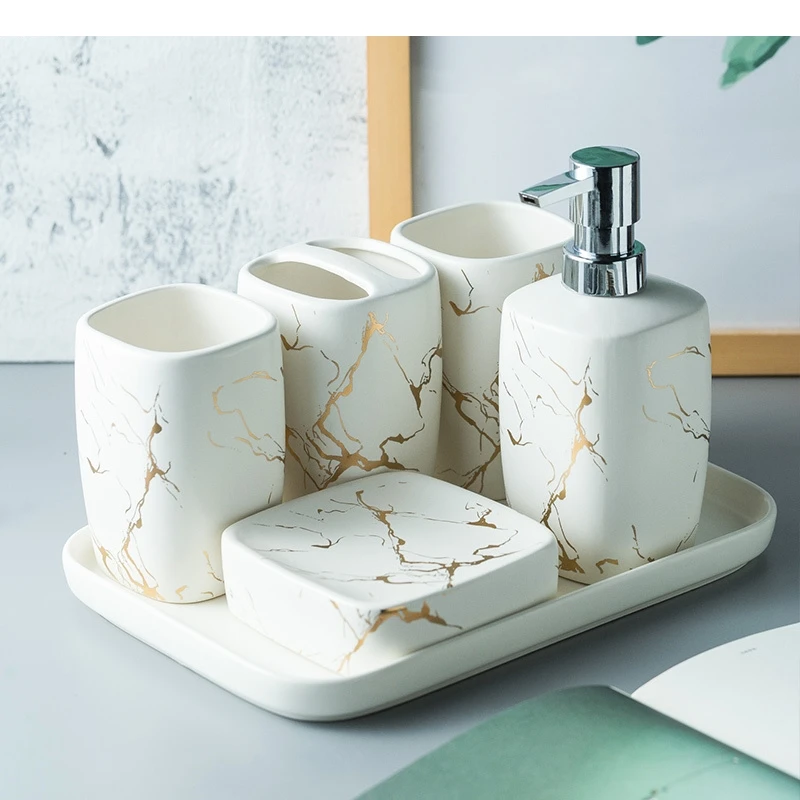 Marble Frosted Gold Ceramics Bathroom Accessories Set Soap Dispenser/Toothbrush Holder/Tumbler/Soap Dish Tray Supplies