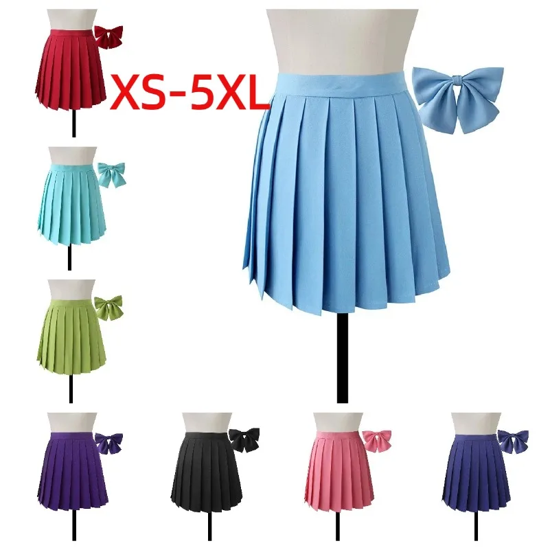 

XS-5XL Women Solid Color Skirt With Necktie Bowtie Harajuku Preppy Mini Japanese School Uniforms Girls Summer Jupe Kawaii Skirt