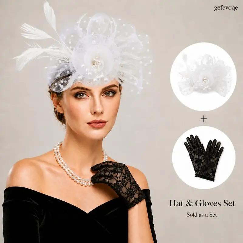 Lace Gloves and Fascinator Hat Set 2PCS Womens Elegant Feather Flower Headpiece for Tea Party Wedding Derby