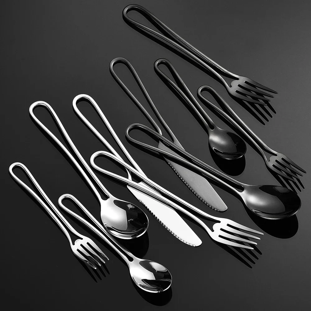 5-teiliges Geschirr, silberfarbenes Edelstahlbesteck, Steakmesser und Gabel, Dessertlöffel, Löffel und Teelöffel, Heimrestaurant-Besteck-Set