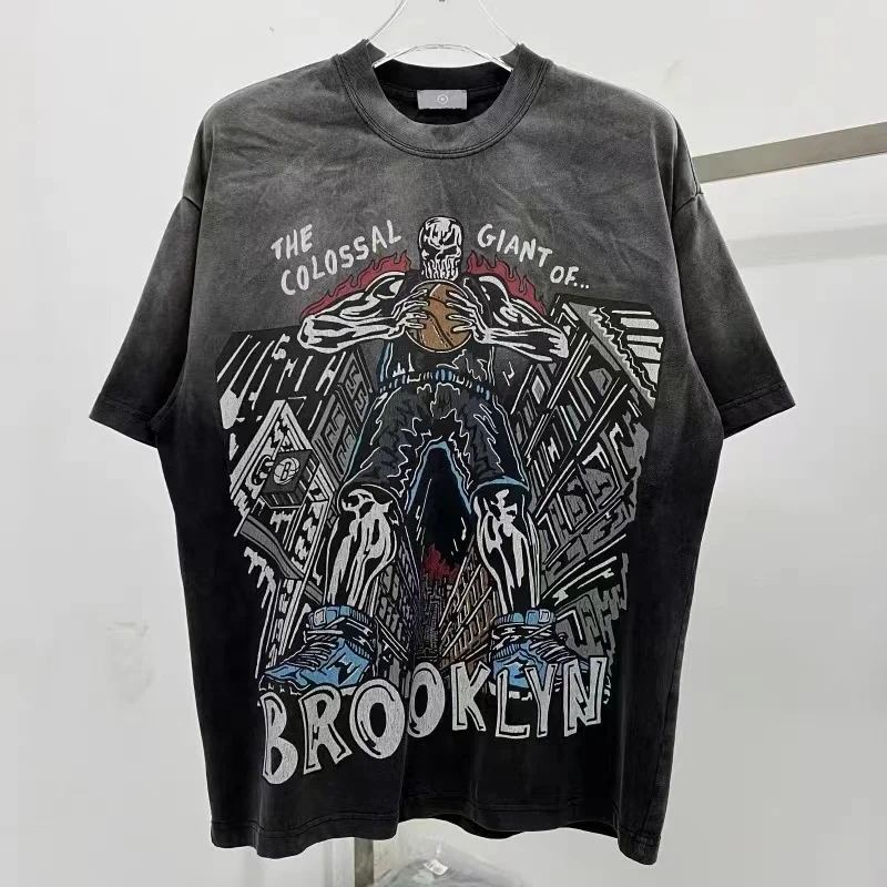 Heavy Duty Washed Best Quality T-Shirt Skull Basketball Print Retro Street Tops Loose Cotton Short Sleeve T Shirt Men Women