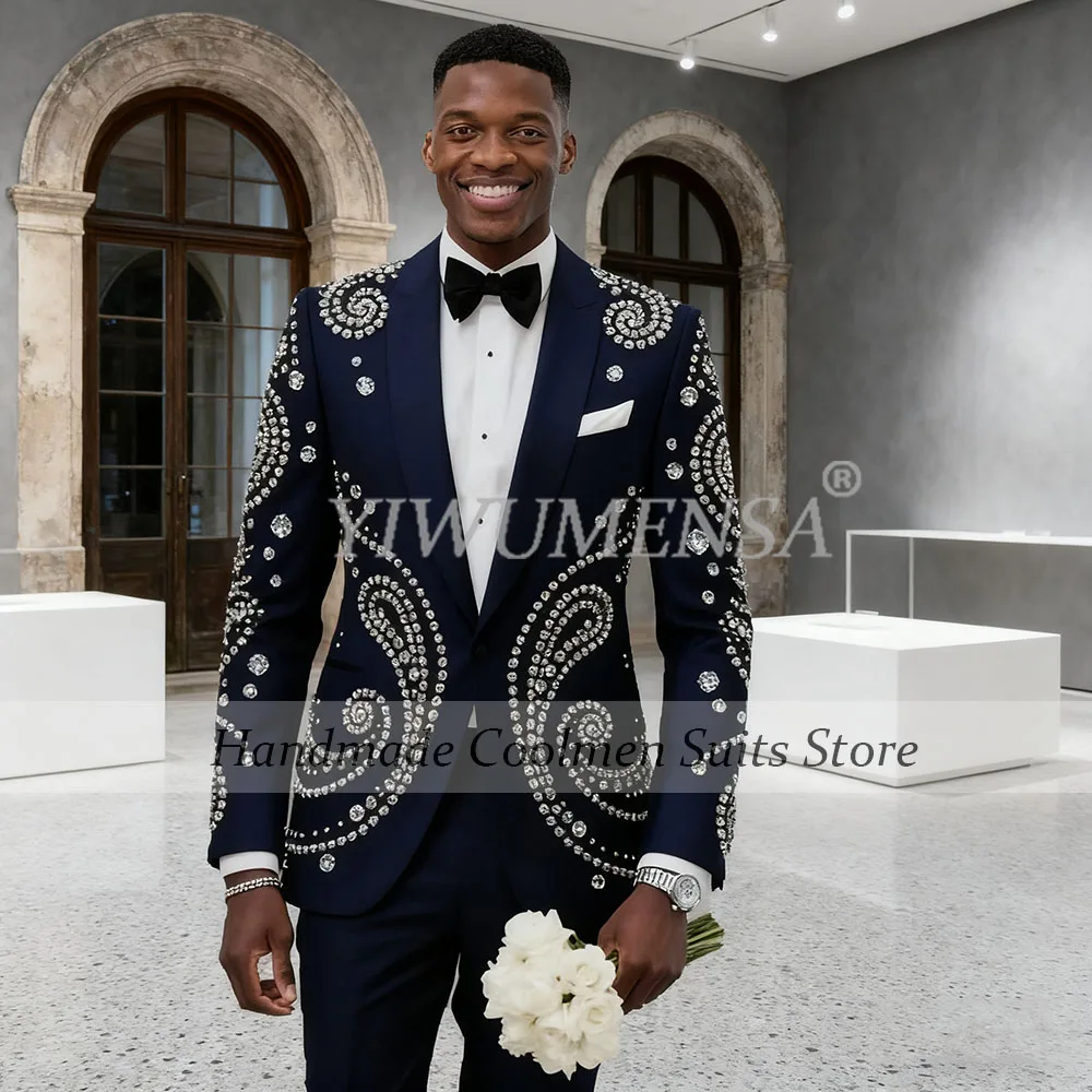 

Beaded Stones Navy Suits For Men Customized Shawl Lapel Prom Party Wedding Groom Tuxedos Plus Size 2 Pieces traje de hombre 2025