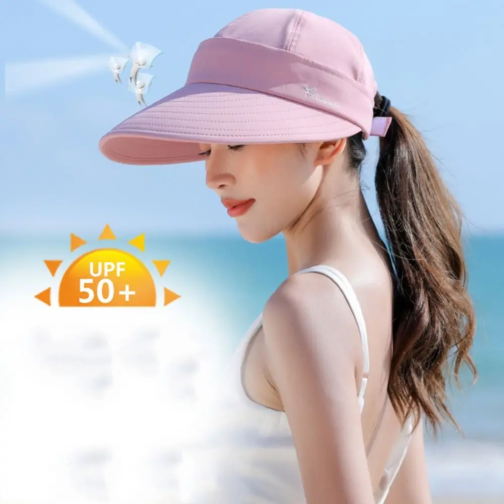 Casual Outdoor Wide Brim Women Summer Sun Hat Detachable UV Protection Empty Top Ponytail Cap Adjustable Foldable Beach Cap