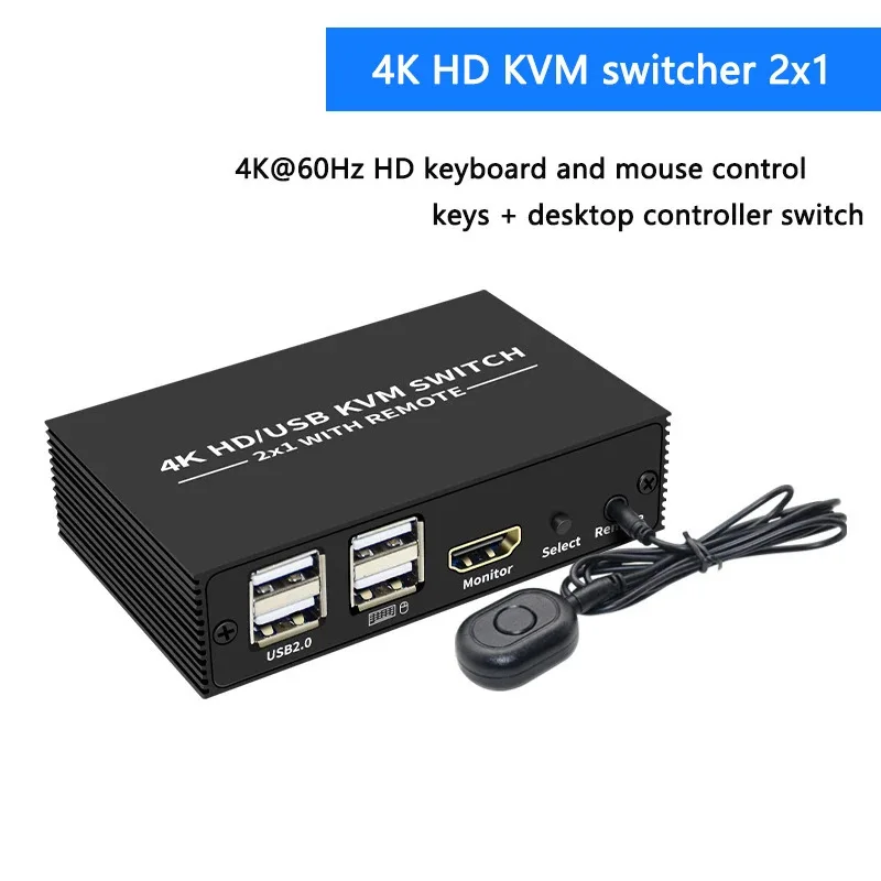 HDMI-compatible KVM Switch 2x1 4K HDMI-compatible  USB Switch Selector 2 in 1 out with 4 Port USB Hub Desktop Controller Sharing