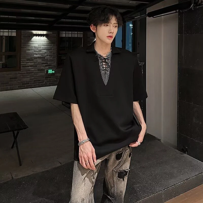 Men 2026 Trend Patchwork T-Shirt Retro Lace-Up V-Neck Polo Casual Loose Short Sleeve Summer Top Streetwear Fake Two-Piece Blouse