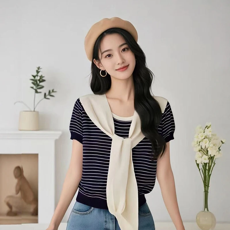 Women Round Neck Striped Fake Two-piece Casual Short Sleeve T-shirt With Scarf
