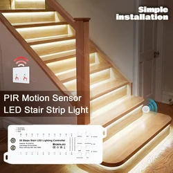 Lampe d'escalier à capteur intelligent, lampe d'escalier à 20 étapes, capteur de précision infrarouge PIR, panneau sans fil, gradation, bande lumineuse LED COB, 24V