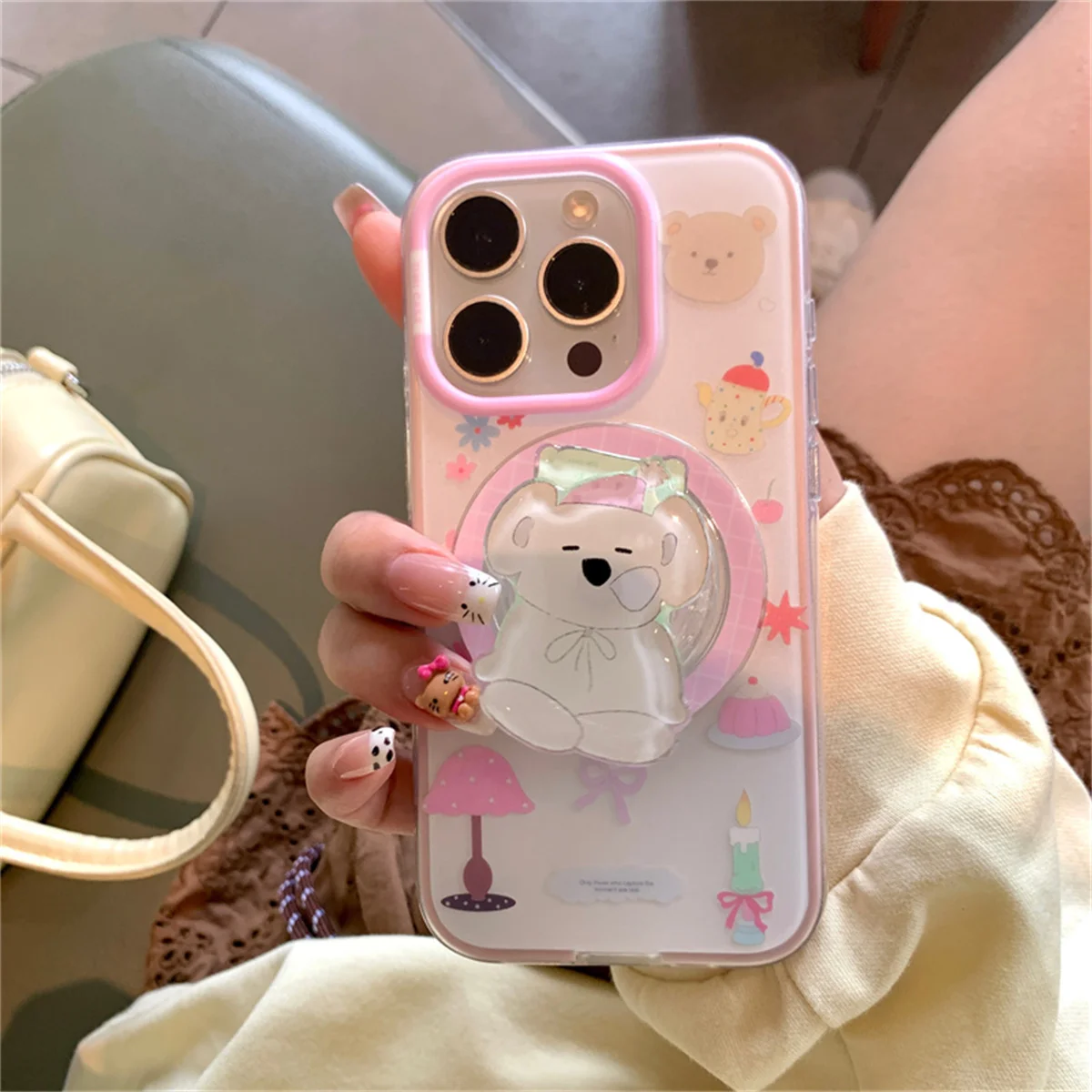 

Cute Cartoon Bear Magnetic Phone Case For iPhone 16 Pro 15 14 13 Pro Max Back Cover For Magsafe Cases with Stand Holder Capa