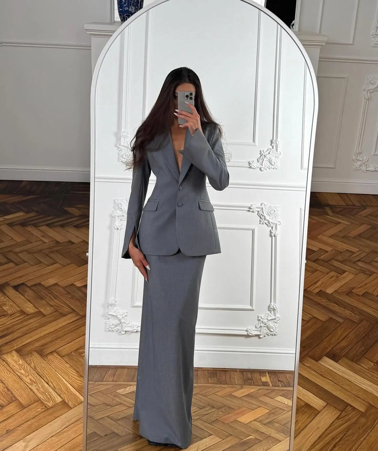 Grey Women'S 2 Piece Blazer And Long Dress Sets Woman Fashion Outfits  2025 Chic Single Breasted Maxi Skirt Female Customized