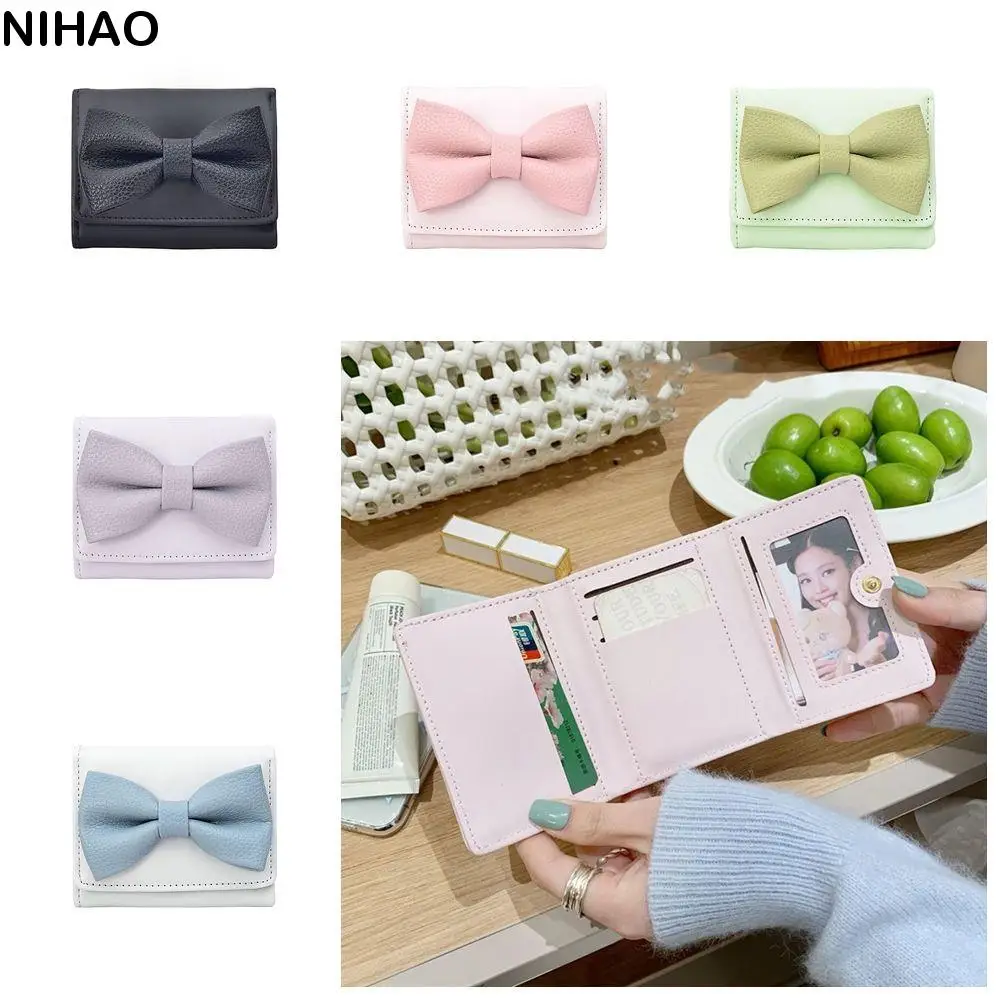 

Portable Pu Leather Cute Bow Short Wallet Printing Korean Style Folding Purse Coin Purse Change Purse Card Holder Travel