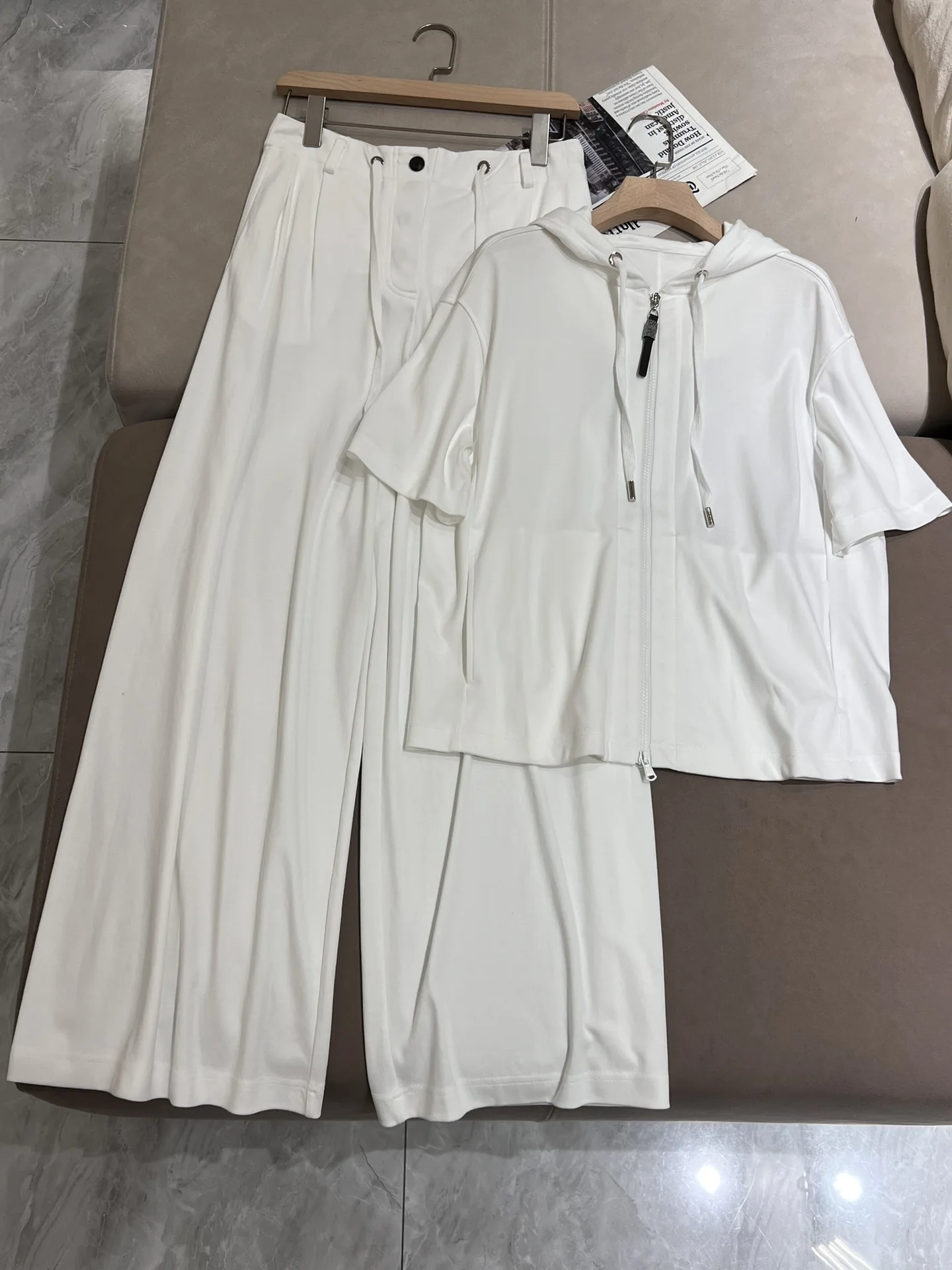 Pantalone da donna in cotone con cappuccio manica corta Top + vita alta gamba dritta pantaloni gamba larga pantaloni con coulisse Set 2 pezzi