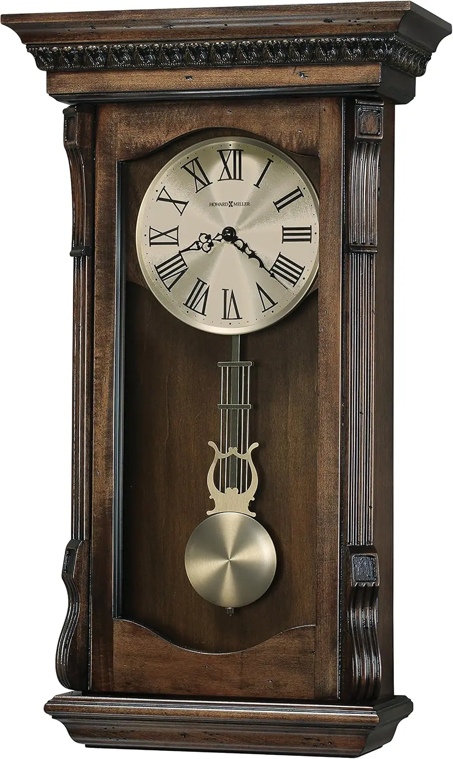 Howard Miller Agatha Wall Clock – Wooden Pendulum Clock with Triple-Chime Quartz Movement, Battery Operated, Acanthus Molding De