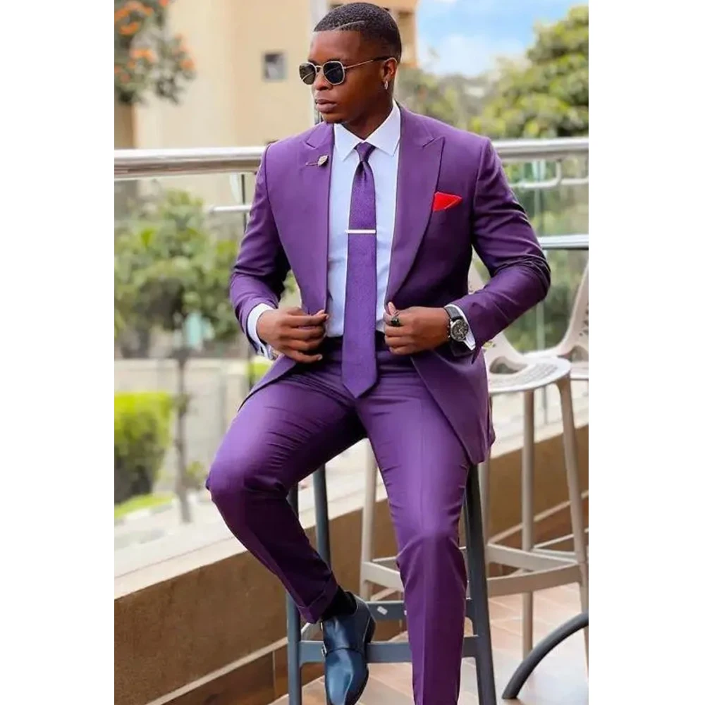 

Summer Solid Suits for Men Two Piece Fashion Peak Lapel Smart Casual Slim Clothing Prom Party Wedding Tuxedo (Jacket+Pants)