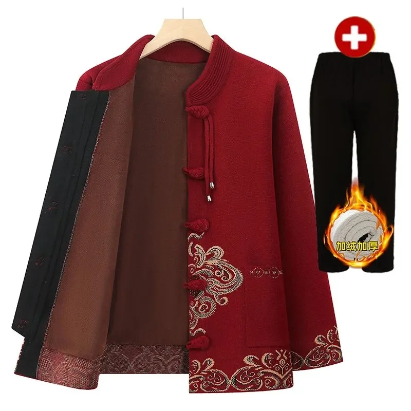 

Autumn Winter Women 5XL Embroidery Jacket 2025 Female Long Sleeve Tops Coat Middle Aged Mother Fashion Knitted Cardigan Sweater