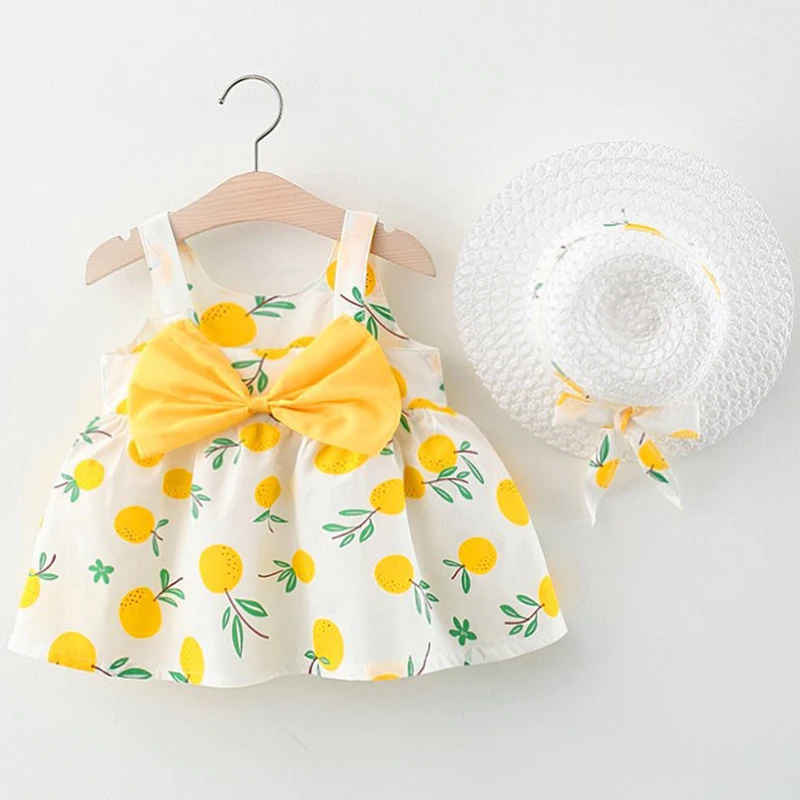 2Piece New In Summer Baby Girl Clothes Korean Cute Bow Lemon Print Sleeveless Cotton Toddler Dress+Sunhat Kids Dresses Set BC145