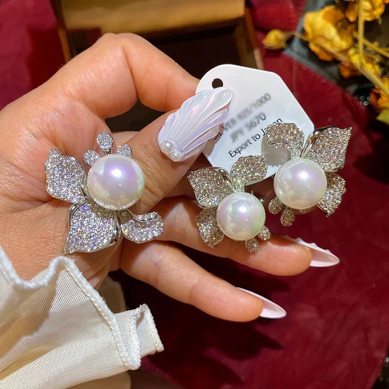 

Luxury silver 925 Wedding Diamond inlay Flowers Large Pearls Earrings for women Rings Exaggerated Charms Engagement Jewelry Sets