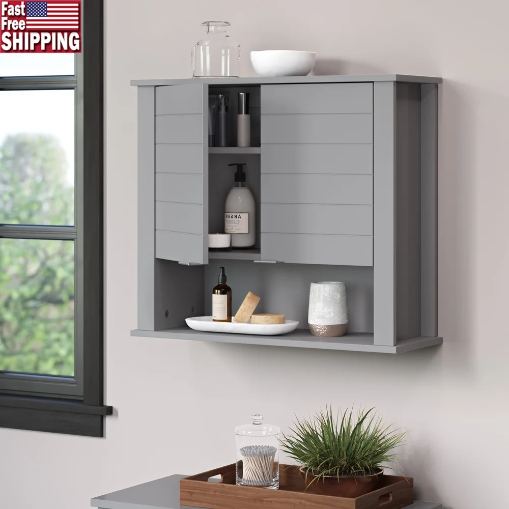 

Wall Mount Bathroom Medicine Cabinet Two-Door Storage Shelf Adjustable Shelves Open Display Gray MDF Durable Design Easy