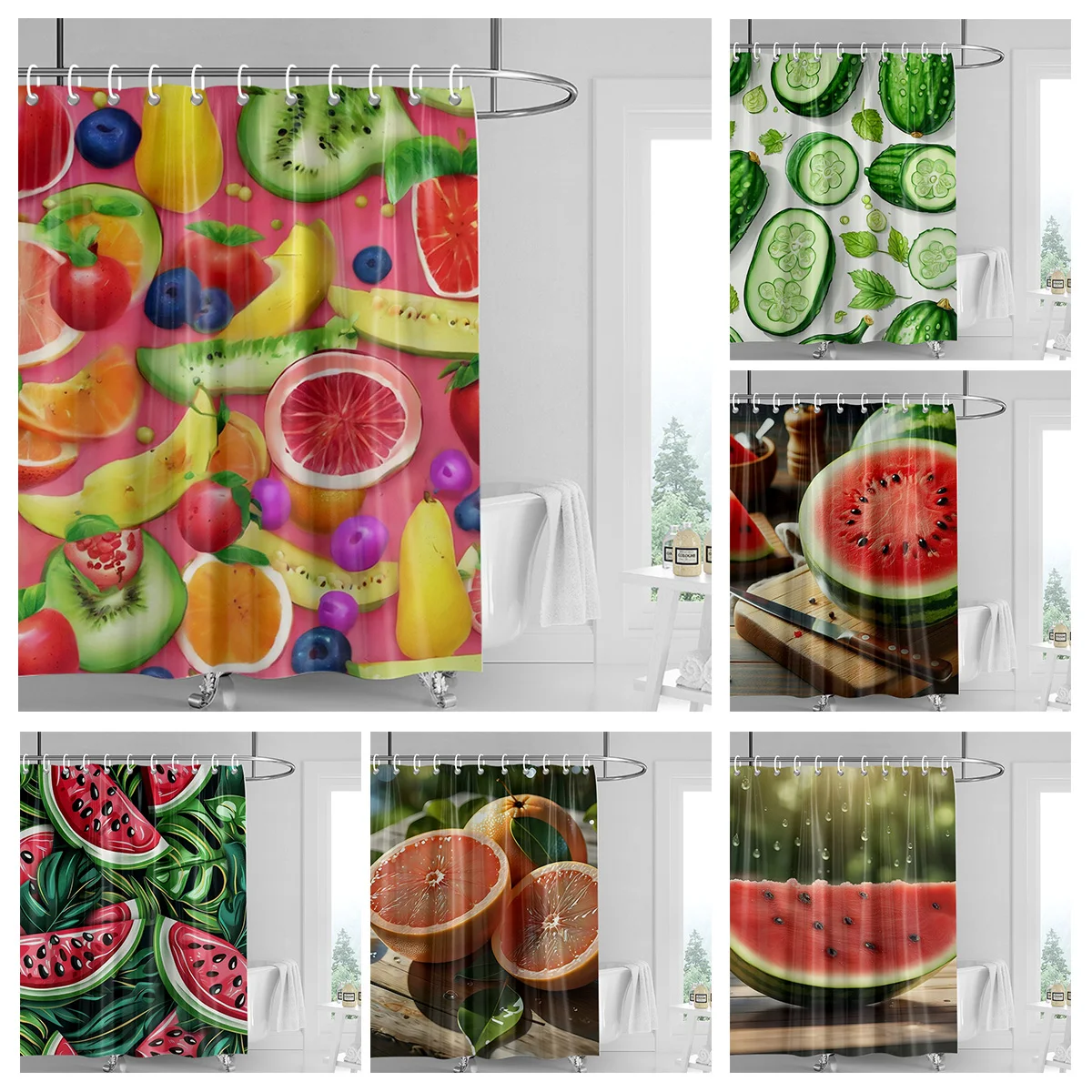 Fun Watermelon-Themed Shower Curtain with Green Leaves, Fresh & Vivid Design, Refreshing Summer Bathroom Vibe, Home Decor