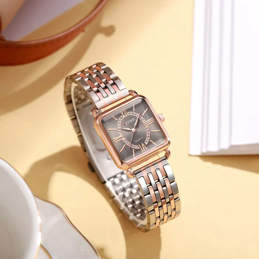 SZTME-ساعة نسائية مربعة بقرص روماني ، فولاذ مقاوم للصدأ ، علامة تجارية فاخرة ، عصرية ، عصرية ، ذهبية وردية #4