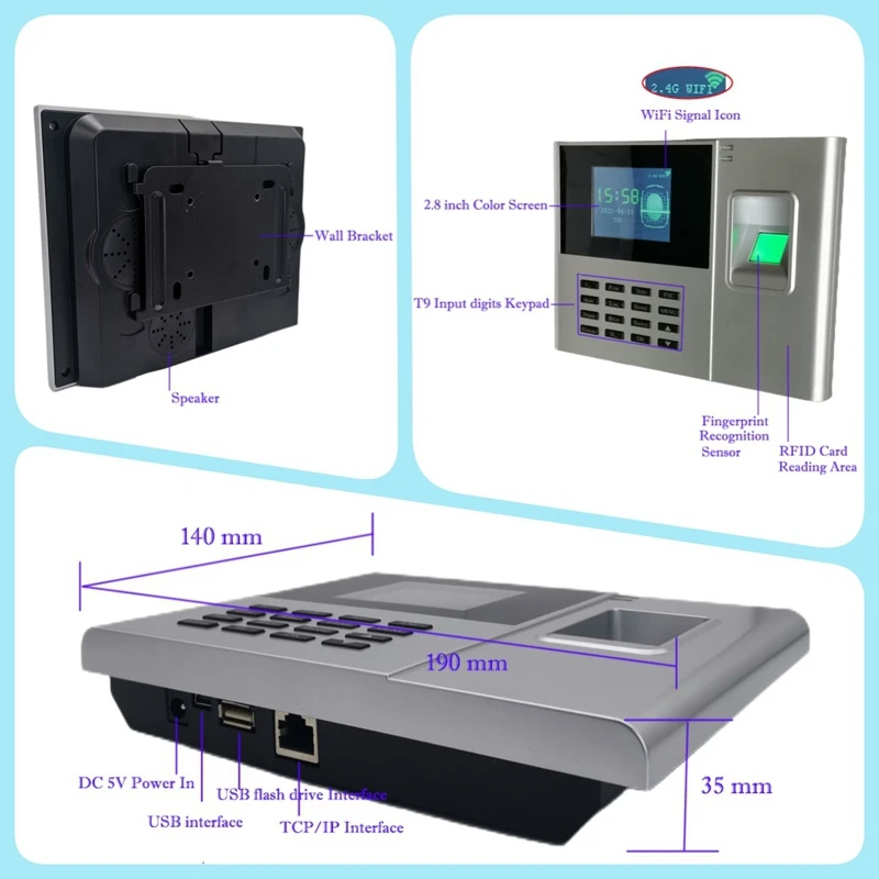 Mesin absensi sidik jari, mesin waktu karyawan sistem jam waktu karyawan Wifi baterai 2000Mah tahan lama colokan AS