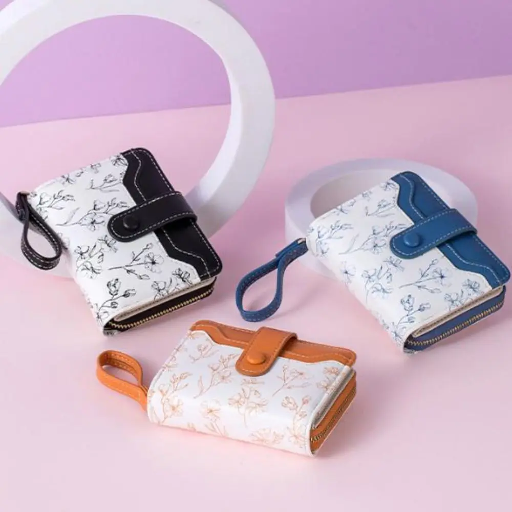 Floral Print Mini Coin Purse Bag Zipper Pouch Multi Function PU Leather Short Wallet Korean Ins Fashion ID Credit Card