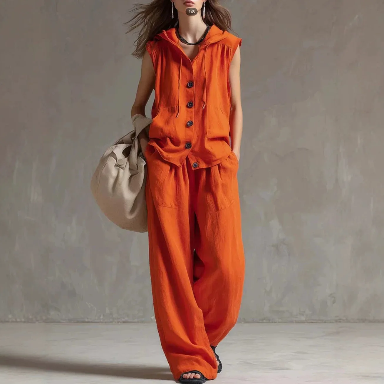 

Women Fashionable Summer Loose Tracksuits Casual Sleeveless Hooded Top + Wide Leg Pants Two Piece Set Outfits
