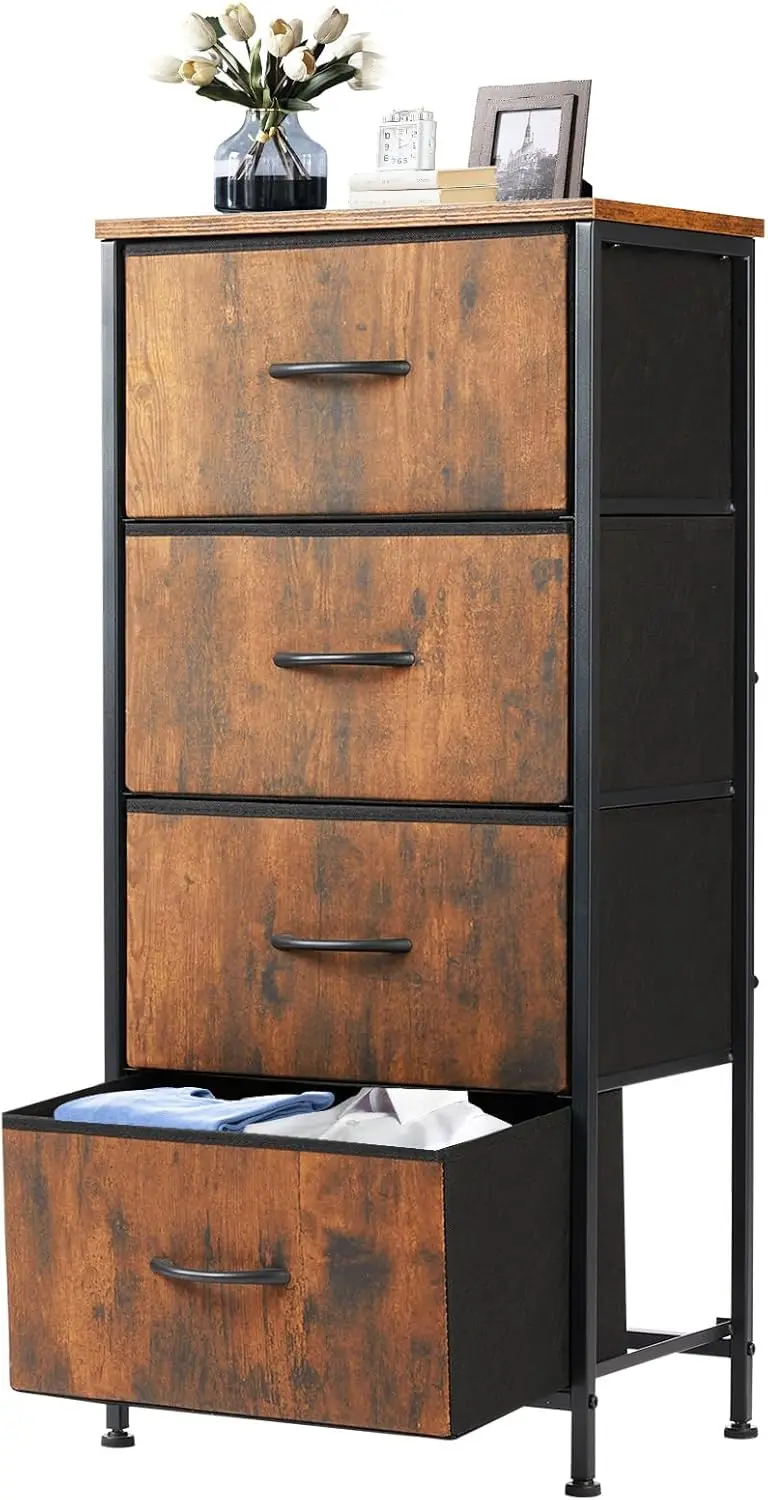 

Nightstand with 4 Drawers Bedside Table with Removable Fabric Bins Sturdy Steel Frame Wood Top Organizer Furniture for Bedroo