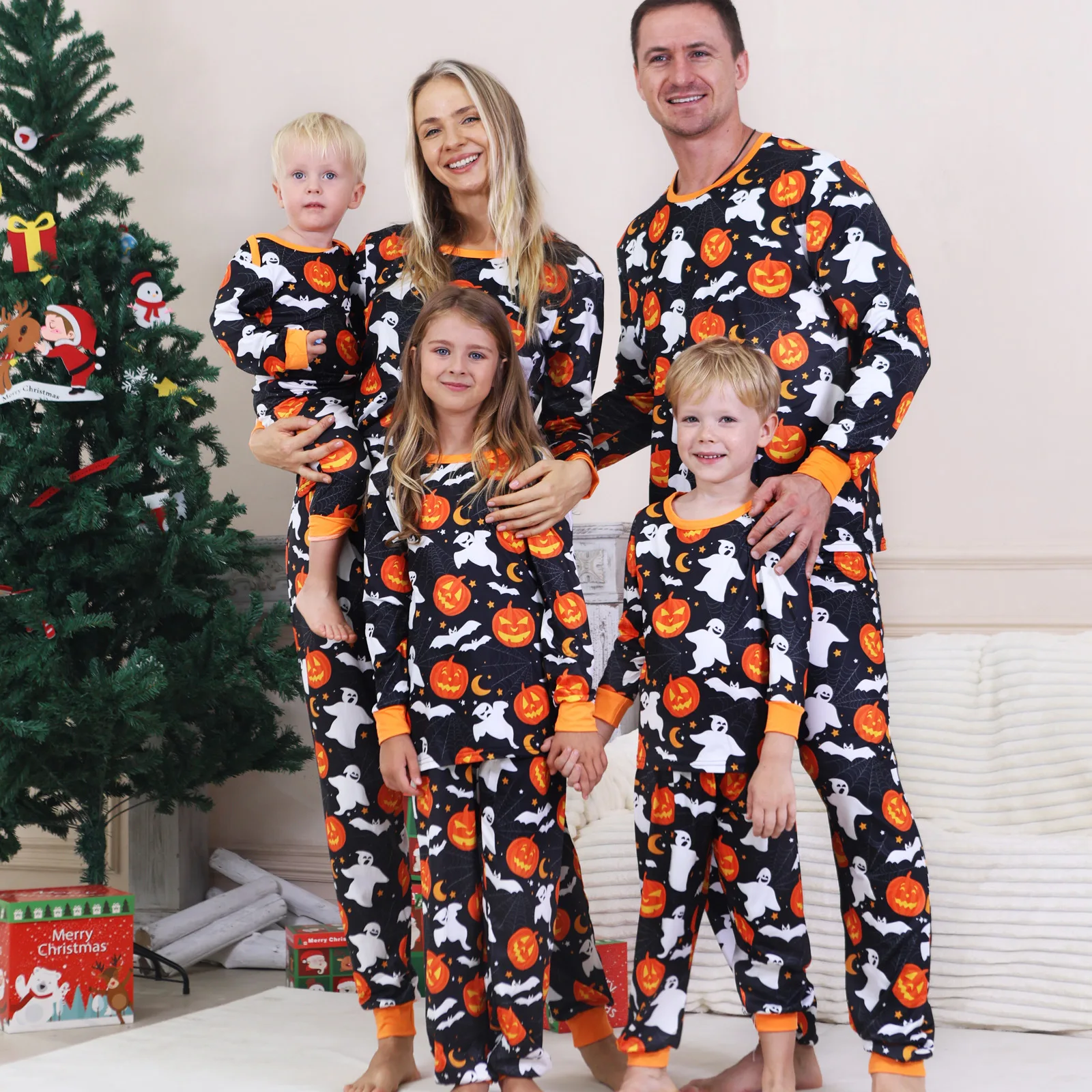 

Happy Halloween Pumpkin Skull Print Family Matching Outfits Mom Dad Kids Pajamas Set Full Sleeve 2 Pieces Homewear Party Clothes