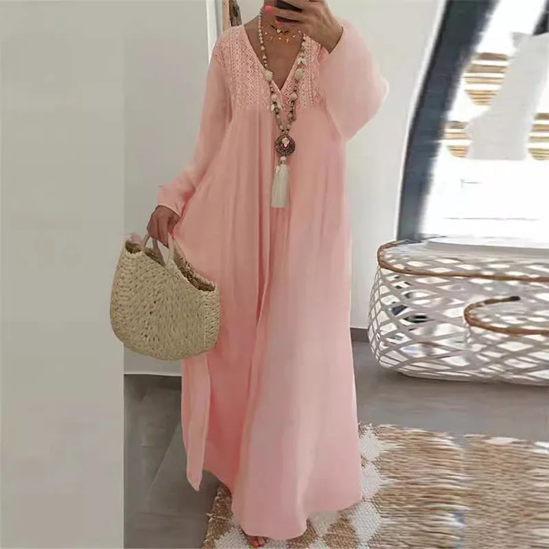 Sexy V Neck Solid Lace Patchwork Women Long Dress Fashion Long Sleeve Vacation Long Robes Autumn New Casual Loose Women Vestidos