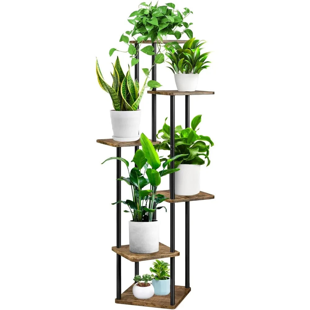 

6 Tier Wood Tall Plant Stand Metal Rack Indoor, Multiple Flower Pot Holder Shelves Corner Rack, Planter Shelf Display