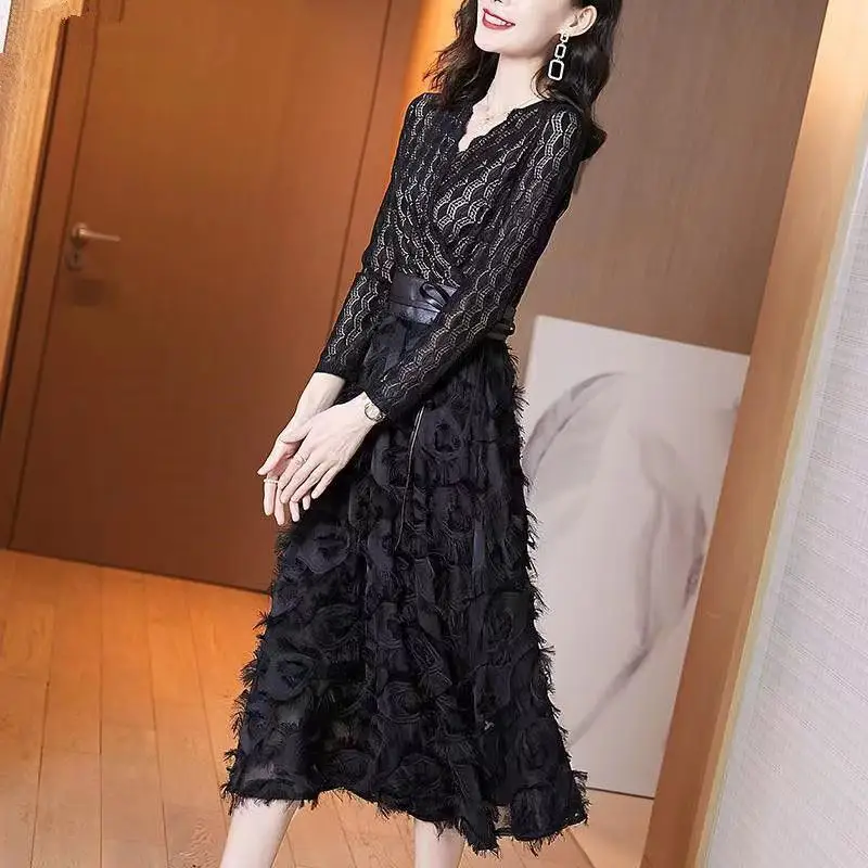 Sexy V-Neck Lace Elegant Midi Dress Female Clothing A-Line Waist Stylish Flocking Spring Autumn Patchwork Drawstring Bow Dresses