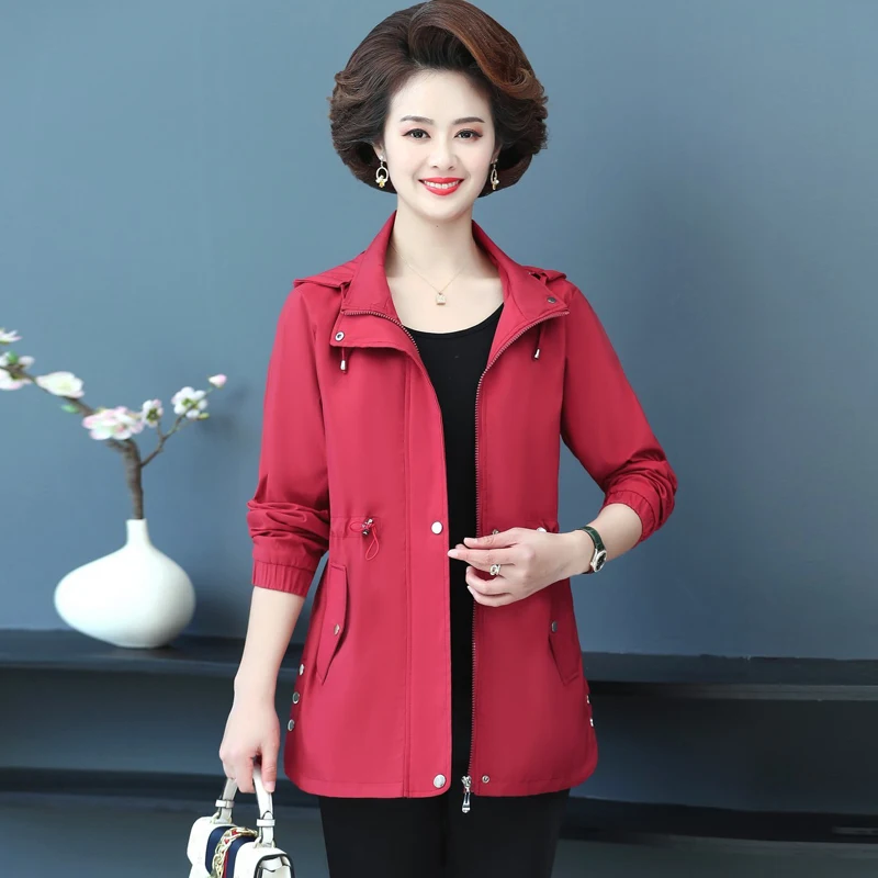 

Middle Aged Mother Casual Jacket Spring Autumn Fashion Basic Coat Large Size Long Sleeve Hooded windbreaker Mother Overcoat 5XL