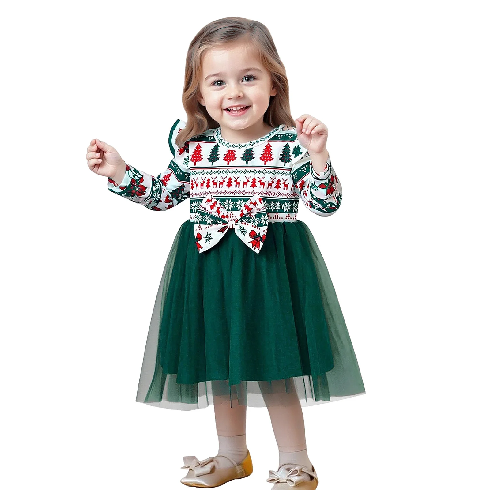 Toddler Baby Girls Christmas Dress Cute Cartoon Printed Long Sleeve Bow Princess Dresses Festival Xmas New Year Party Outfit