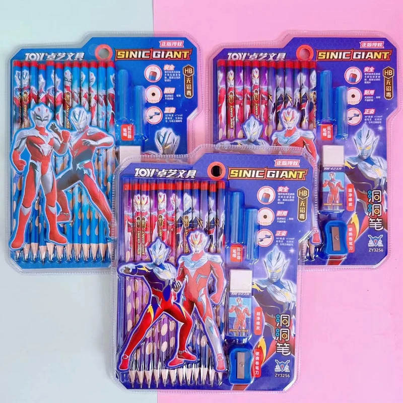 Cartoon Ultraman Hole Pen 12-piece Set High-looking Triangular Pole Pencil HB Student Positive Hole Pen Student School Supplies