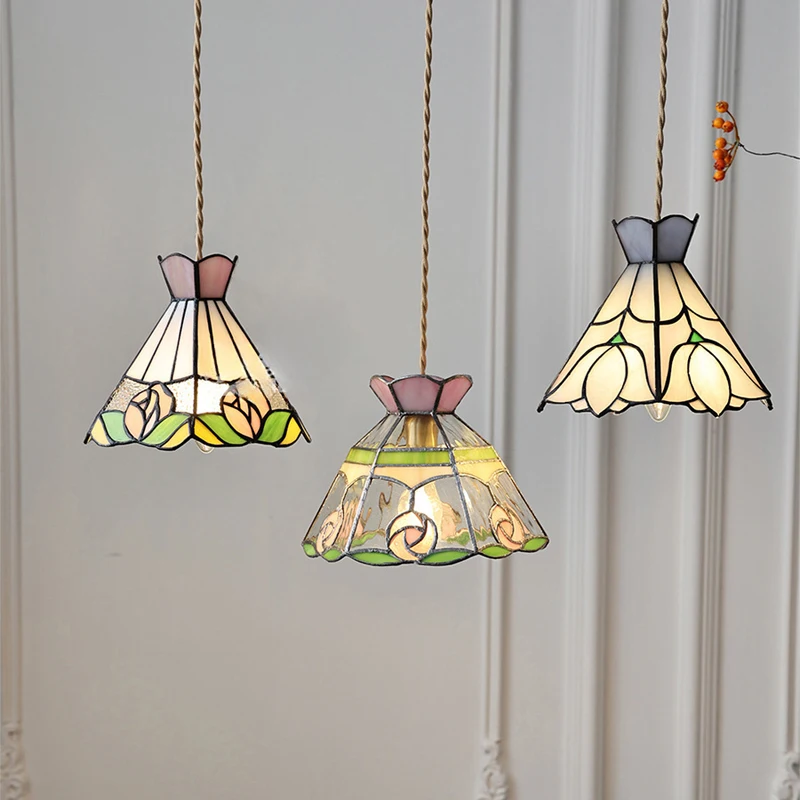 Europe France Style LED Pendant Light Fixture Tiffany Color Copper Glass Lampshade Vintage Edison Bulb Hanging Lamp Home Indoor