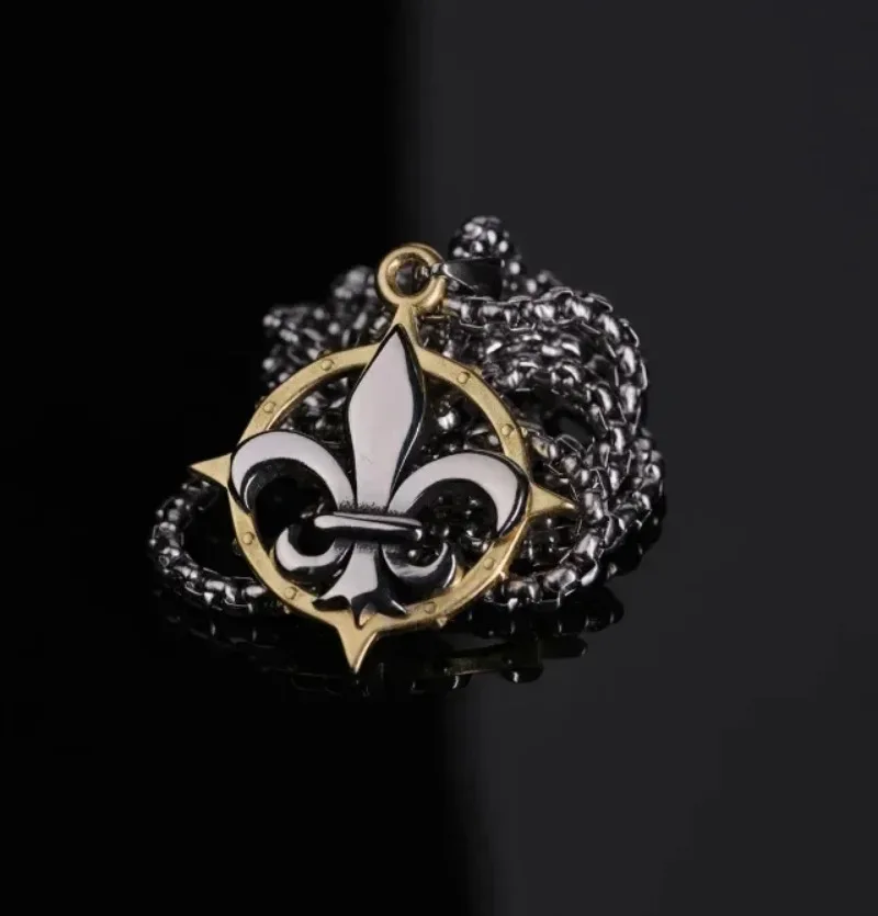 Two-tone Fleur-de-lis Compass Pendant Necklace Stainless Steel Box Chain Vintage Gothic Men Women Daily Wear Jewelry