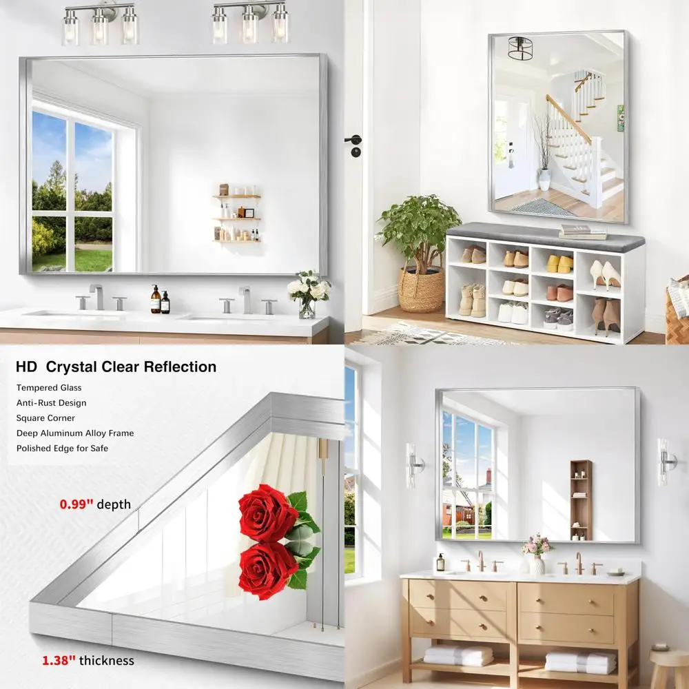 

Серебряное зеркало для ванной комнаты, прямоугольное зеркало с глубоким каркасом 36x48 дюймов, большое настенное зеркало для ванной комнаты над раковиной для спальни