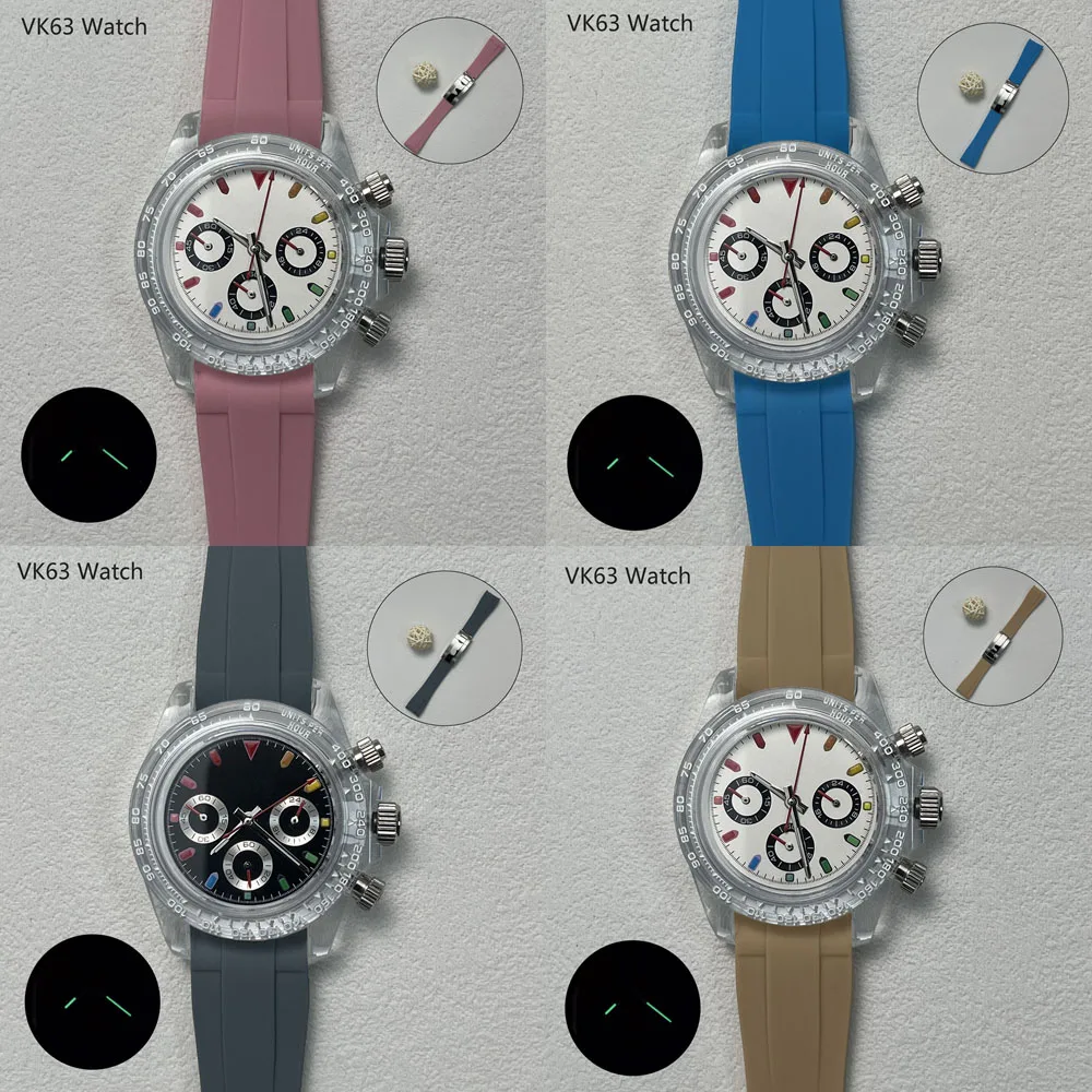

39.3mm VK63 quartz wristwatches for men with acrylic case colored rubber strap and Japan VK63 quartz movement chronograph reloj