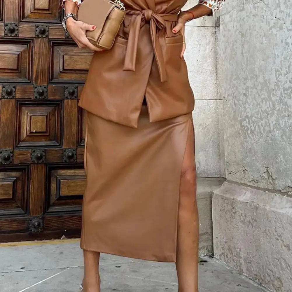 Hip-hugging Slit Skirt Versatile Solid Color Skirt Chic Imitation Leather Midi Skirt with for Women for Wear for Fashionable