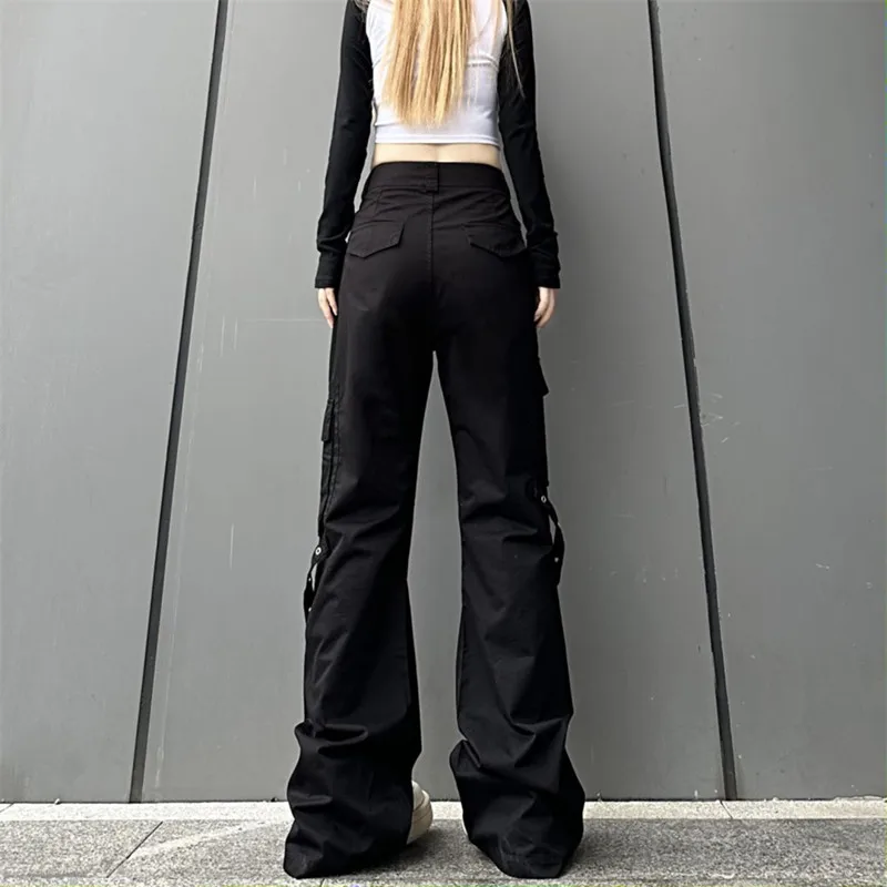 2023 Roupa Y2K Streetwear Moto Biker Black Straight Flare Cargo Jeans Pants Women Goth Clothes Harajuku Fashion Lady Trousers