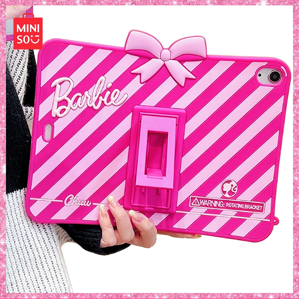 2024Miniso Barbie Pink New Bowknot Ipad /pro/air4/5 with Stand Silicone All-Inclusive Drop-Proof Tablet Case Girl Birthday Gift